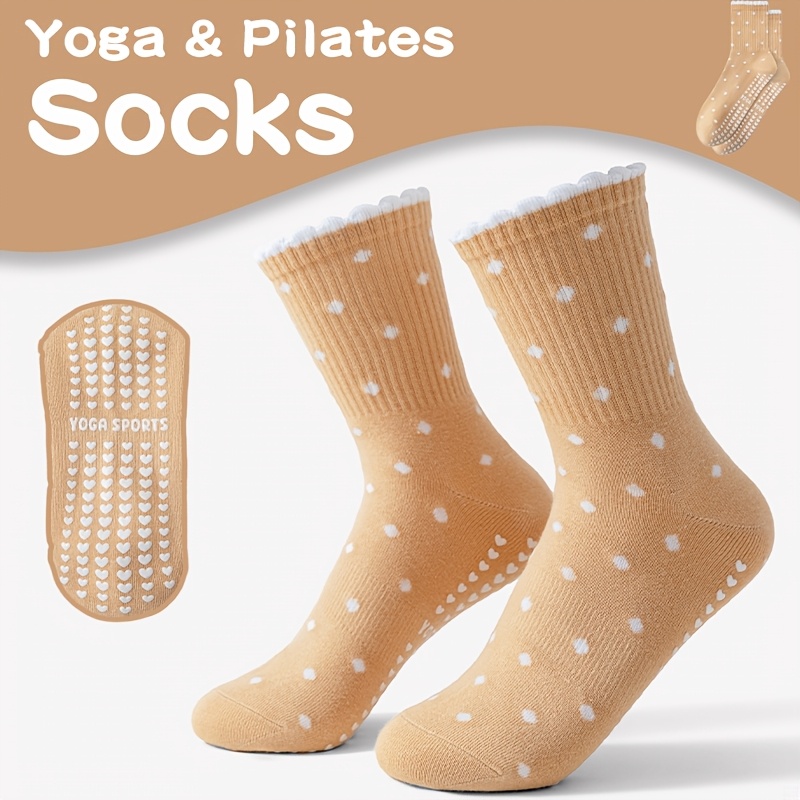 Pilates Yoga Gifts - Kadın kahverengi yoga çorapları, beyaz puantiyeli,